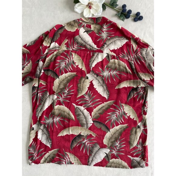 Island Shores Tropical Leaf Print Red Hawaiian Bahama Button Pocket Shirt XL - Picture 2 of 8